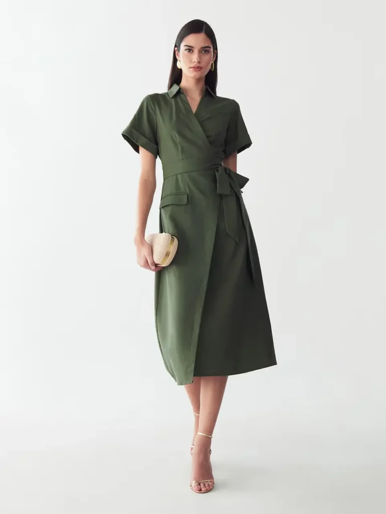 belted wrap dress with V-neckline on an hourglass figure